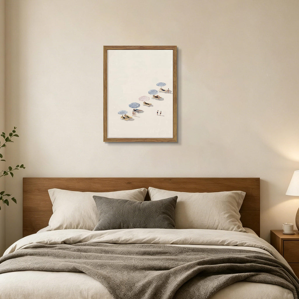 Minimalist Beach Wall Art - Framed Canvas Coastal Umbrella Poster Decor, Modern Summer Seaside Painting in Wood