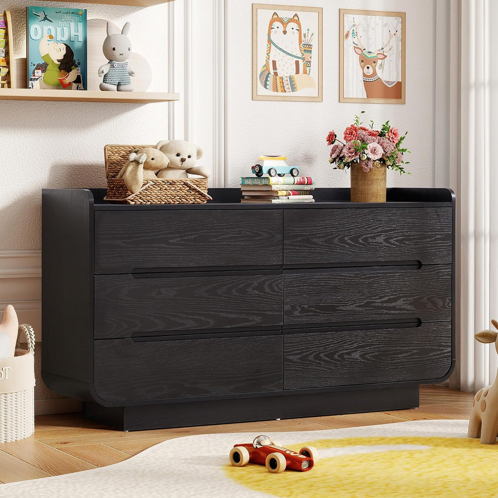 Curved 6 Drawer Dresser , Modern 53-Inch Chest of Drawers, Wood Storage Dresser Organizers with Hidden Handles, 6