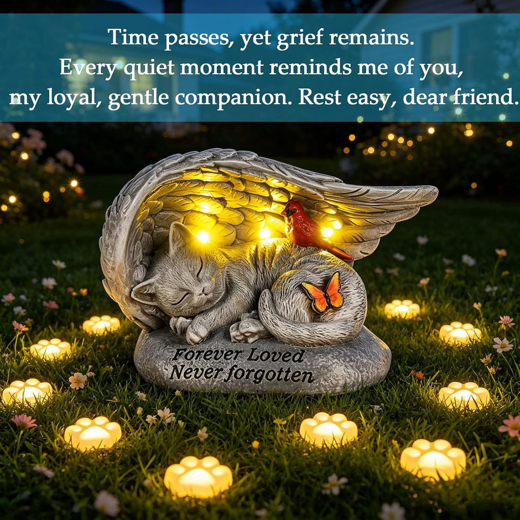 Cat Memorial Stones with Solar Angel Wing Cardinal Butterfly 8 Inch