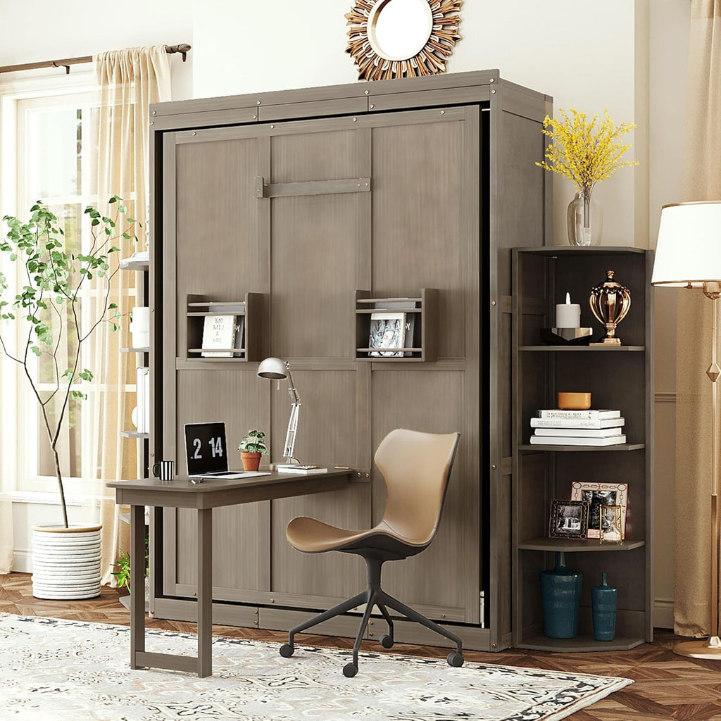 Murphy Bed Queen Hideaway Wall Chest with Cabinet,Dual 3-Tier Side Shelves,Convertible Desk,Space-Saving