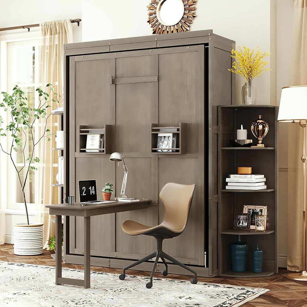 Murphy Bed Queen Hideaway Wall Chest with Cabinet,Dual 3-Tier Side Shelves,Convertible Desk,Space-Saving