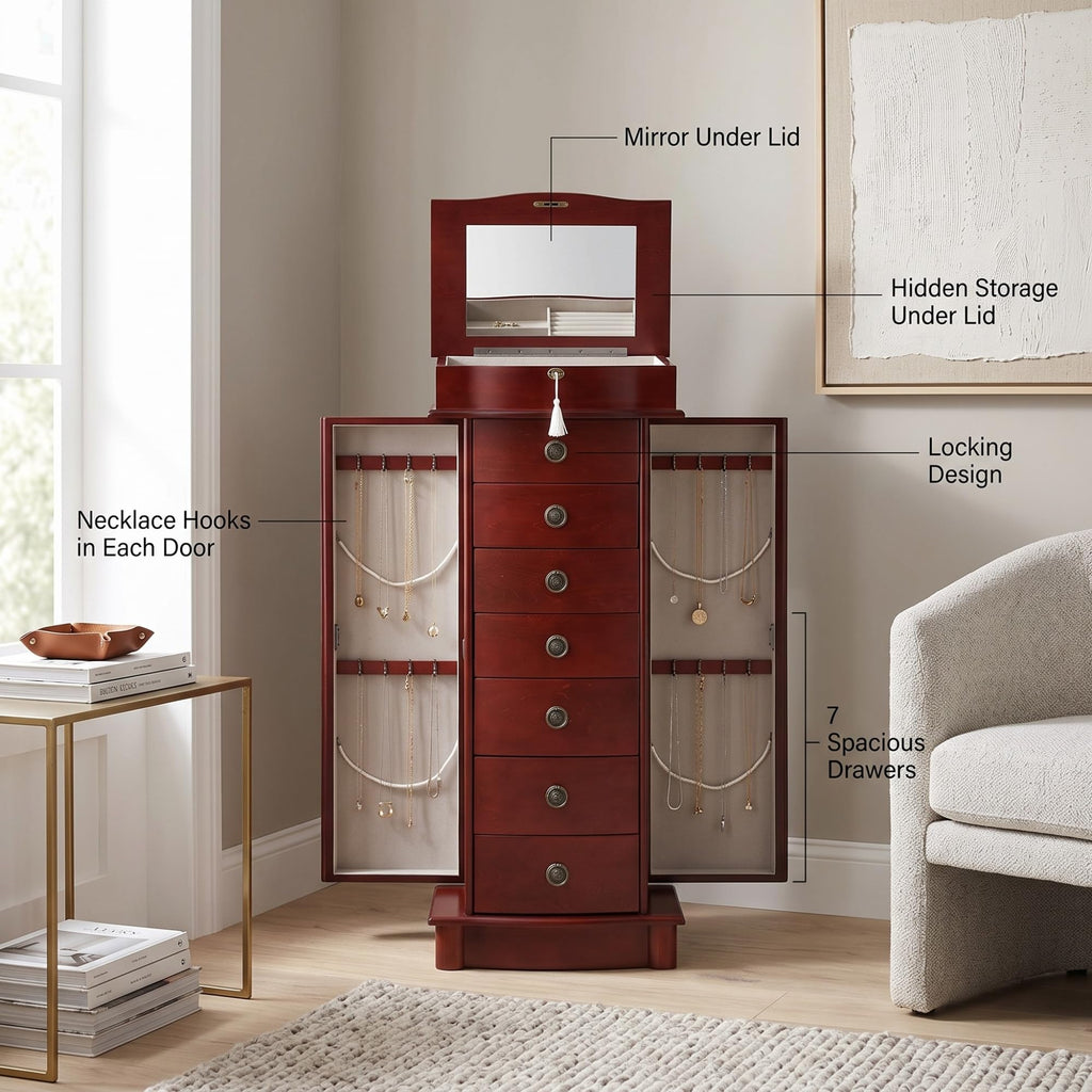 Nora Jewelry Armoire Cabinet with Mirror - 7 Drawers, Locking Top, Necklace Hooks, Anti-Tarnish Felt - Traditional