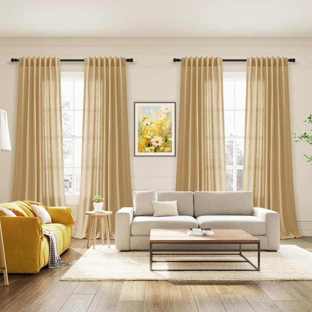 Gold Yellow Linen Curtains 108 Inches Long 2 Panels Set Extra Long Back Tab Curtain Semi Sheer Light Filtering Gold