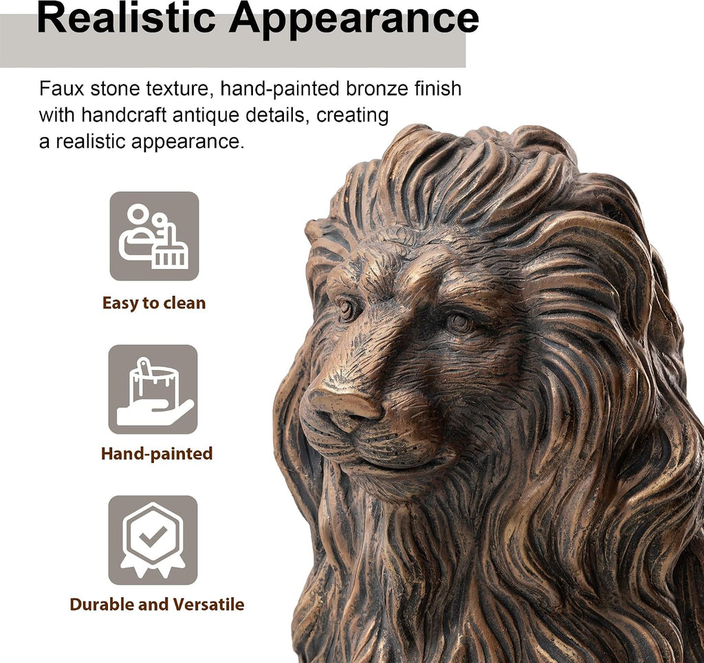 Guardian Sitting Lion Statue Regal Indoor and Outdoor Garden Sculpture Entrance Porch and Yard, 27.75" H, Bronze