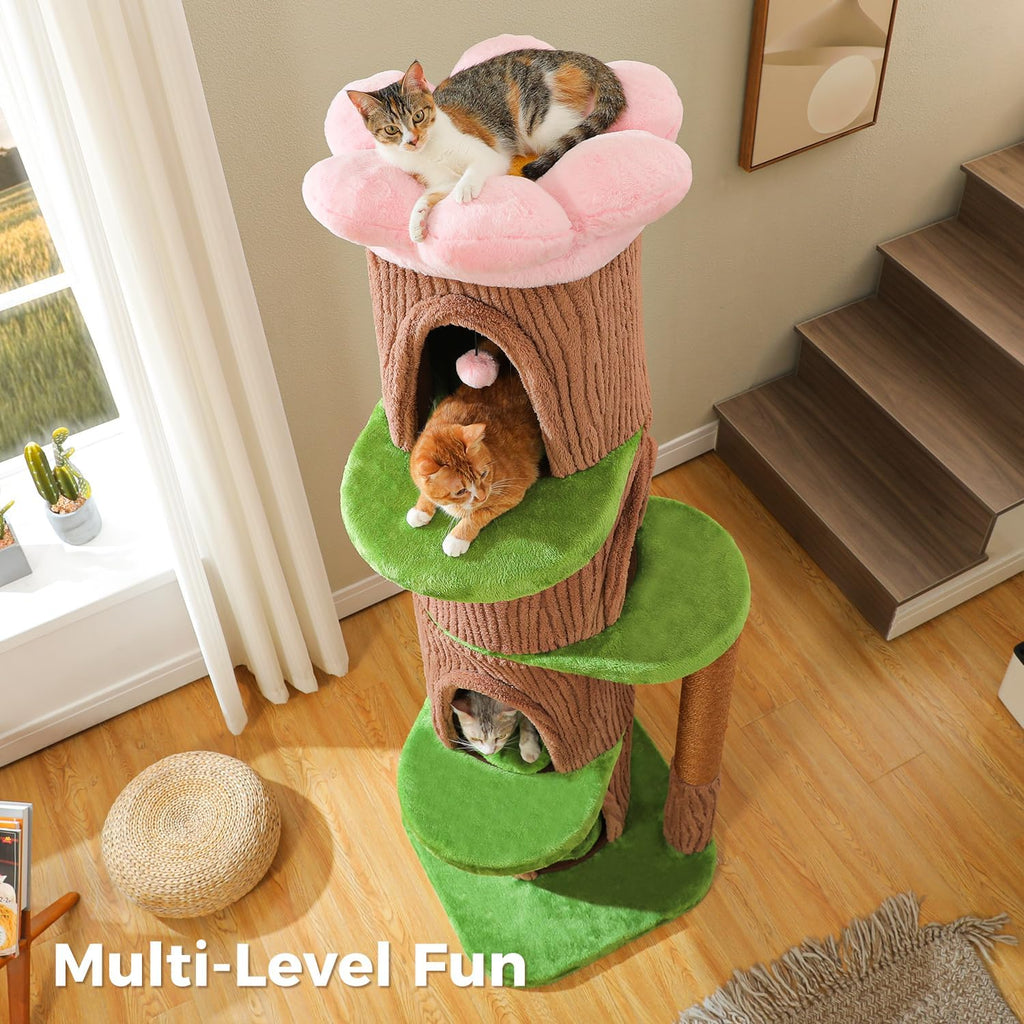 68.5" Forest Cat Tree Tower with 4 Condos & Flower Top Bed, Brown