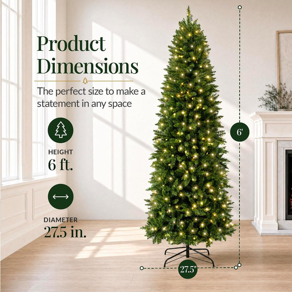 Artificial Pencil Christmas Tree with LED Twinkling Lights, Pre-Lit Spruce Realistic Holiday Xmas Décor, 250