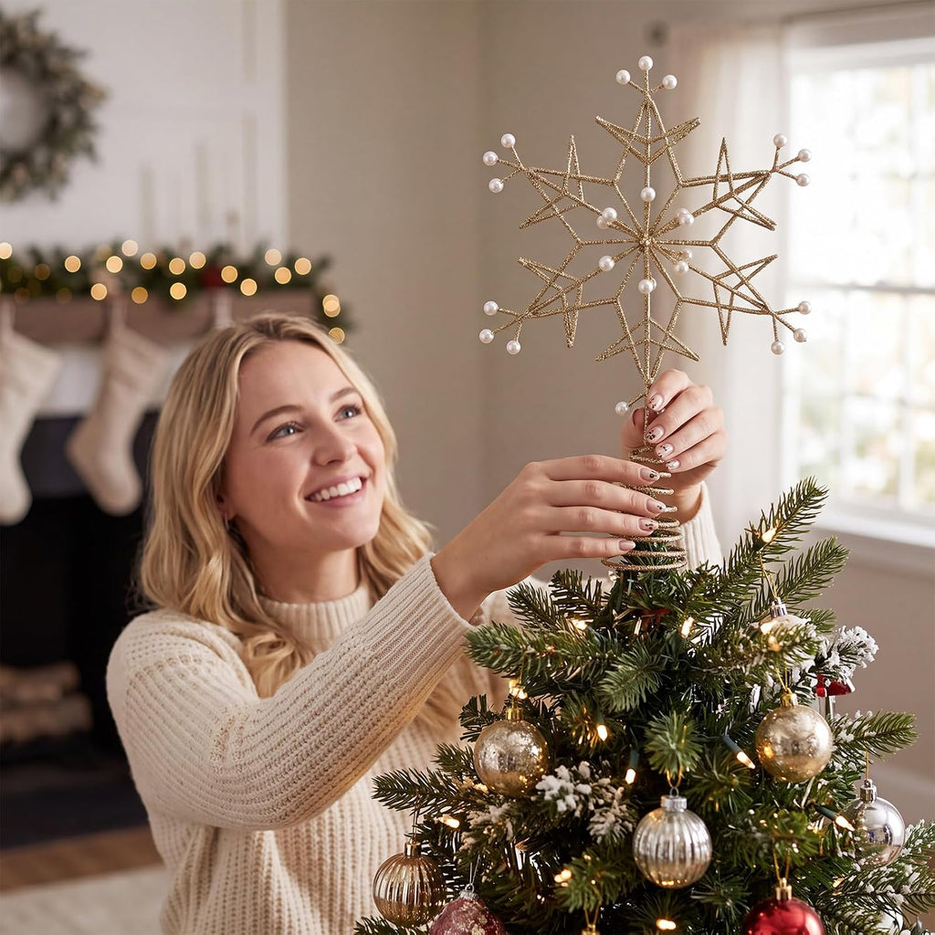 12.6 Inch Snowflake Christmas Tree Topper, Golden Glitter with Pearl