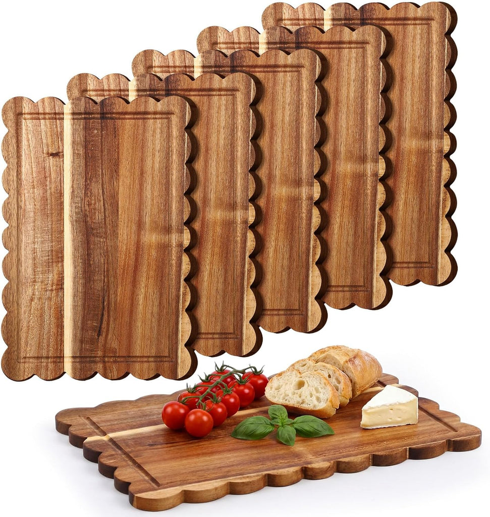 6 Pcs Acacia Wood Scalloped Charcuterie Trays Gift Set 12 x 8 Inch Wooden Serving Tray Cutting Board Bulk for Bread
