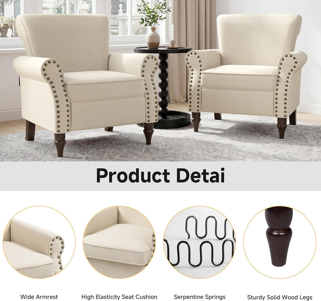 Wingback Accent Chairs Set of 2, Living Room Chair with Wood Legs, Beige | Mid-Century Modern Upholstered Armchair