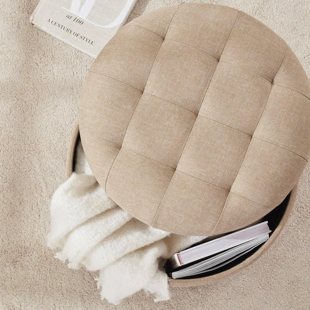 18" Round Storage Ottoman with Lid, Holds 300 lbs, Beige | Linen Tufted Fabric; Foot Rest Stool & Vanity Chair