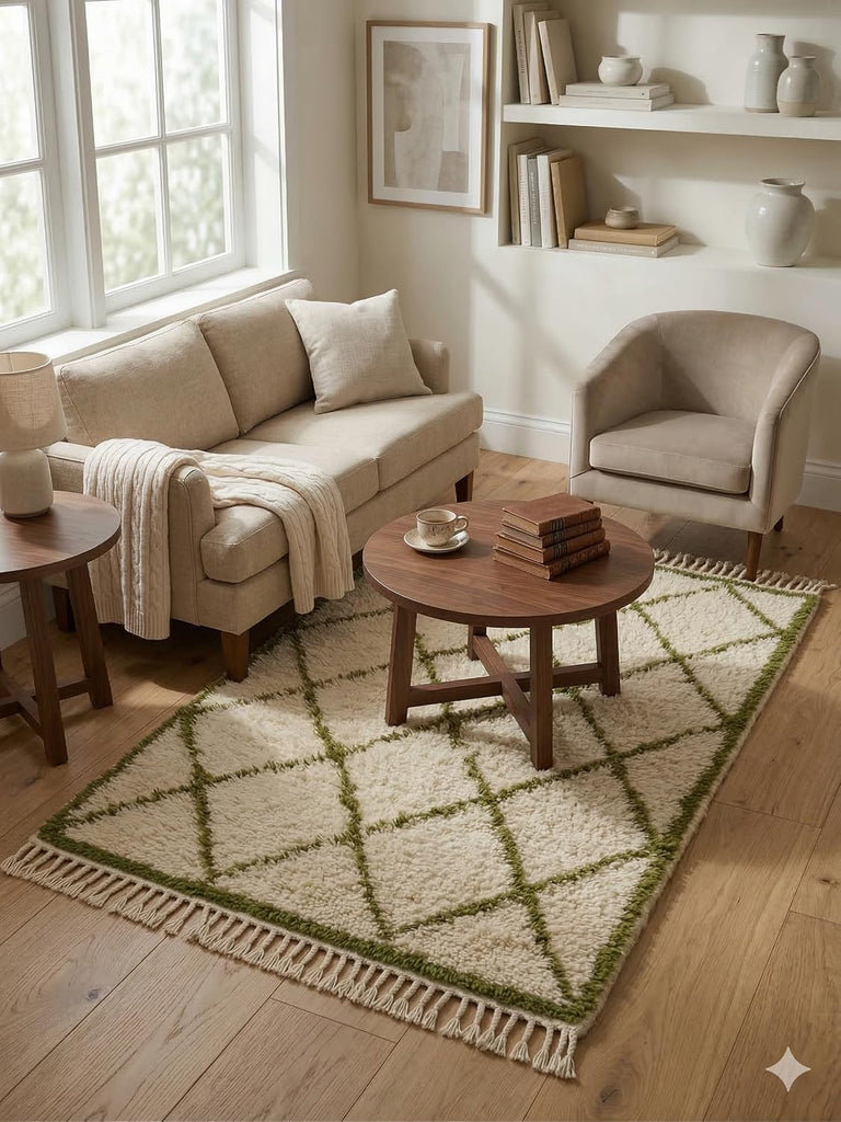 Handmade Moroccan Berber Area Rug 4' x 6', 100% Wool High Pile Shag, Beni Ourain Style, Ivory/Cream with Green