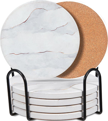 6-Pcs 4'' Ceramic Marble Style Trivet with Holder, Absorbent Trivets for Hot Dishes, Cork Bottom Anti-Slip Trivet