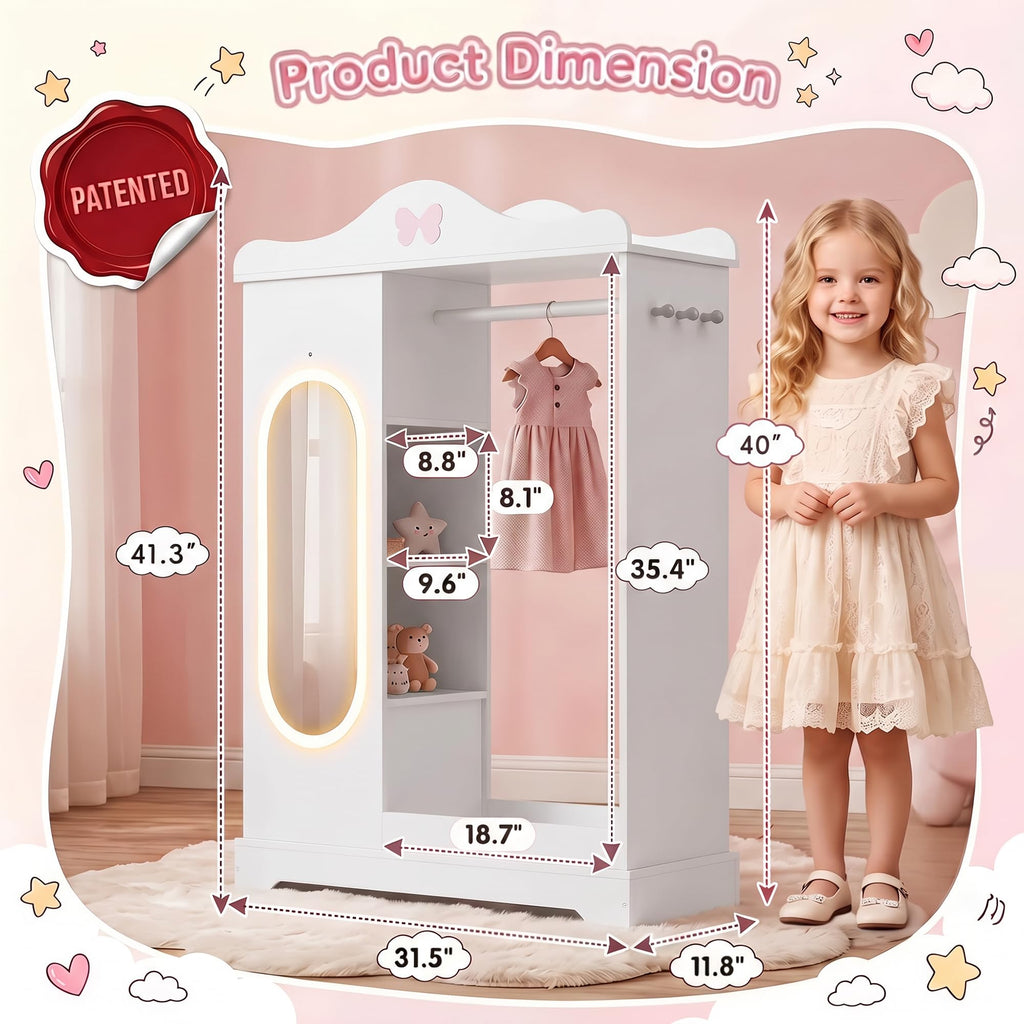 Kids Dress Up Storage with Lighted Mirror, Open Hanging Armoire, White