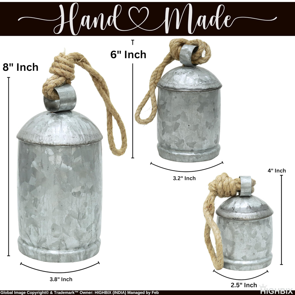 Set of 3 Medium Galvanized Metal Hanging Cow Bells Rustic Farmhouse Vintage-Style Cowbells with Jute Rope for Wall