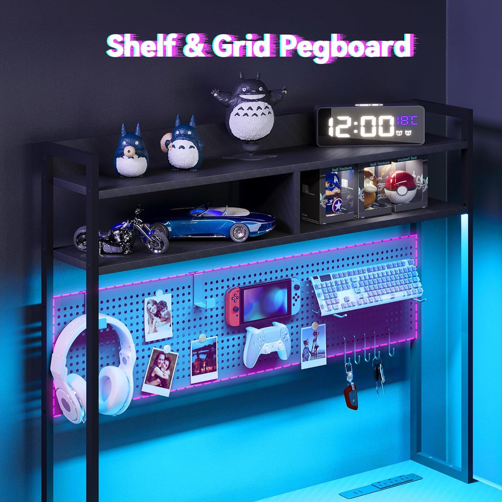 L Shaped Gaming Desk 53" with Hutch, LED Light and Drawer | Carbon Fiber Surface, Storage Shelves, Pegboard with