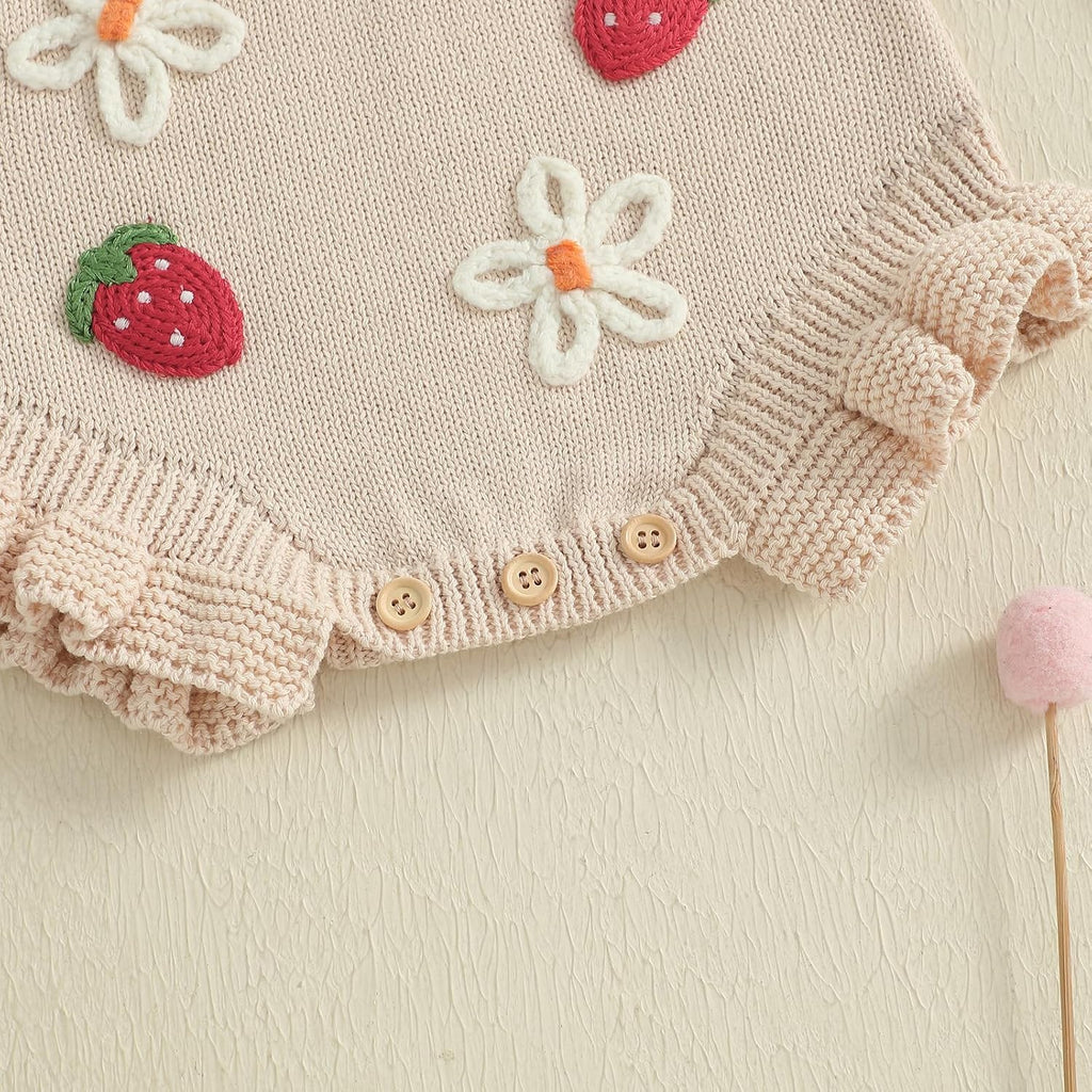 Newborn Infant Baby Girl Clothes Strawberry Embroidery Sleeveless Knit Ruffle Romper Sweater Overalls Bodysuit