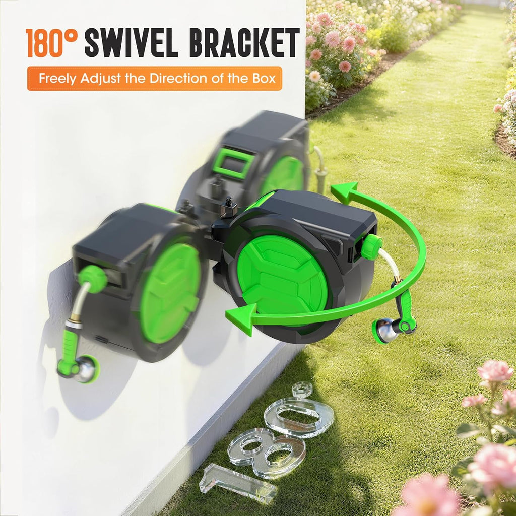 Retractable Garden Hose Reel 1/2" x 100ft, Wall Mounted Water Hose Reel with Auto Rewind, Any Length Lock, 180°