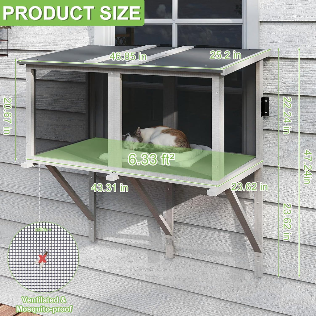 46.85" L Cat Window Box, Wooden Cat Window Enclosure for 1-3 Cats, Window Catio Outdoor Enclosure for Indoor Cats, Keep