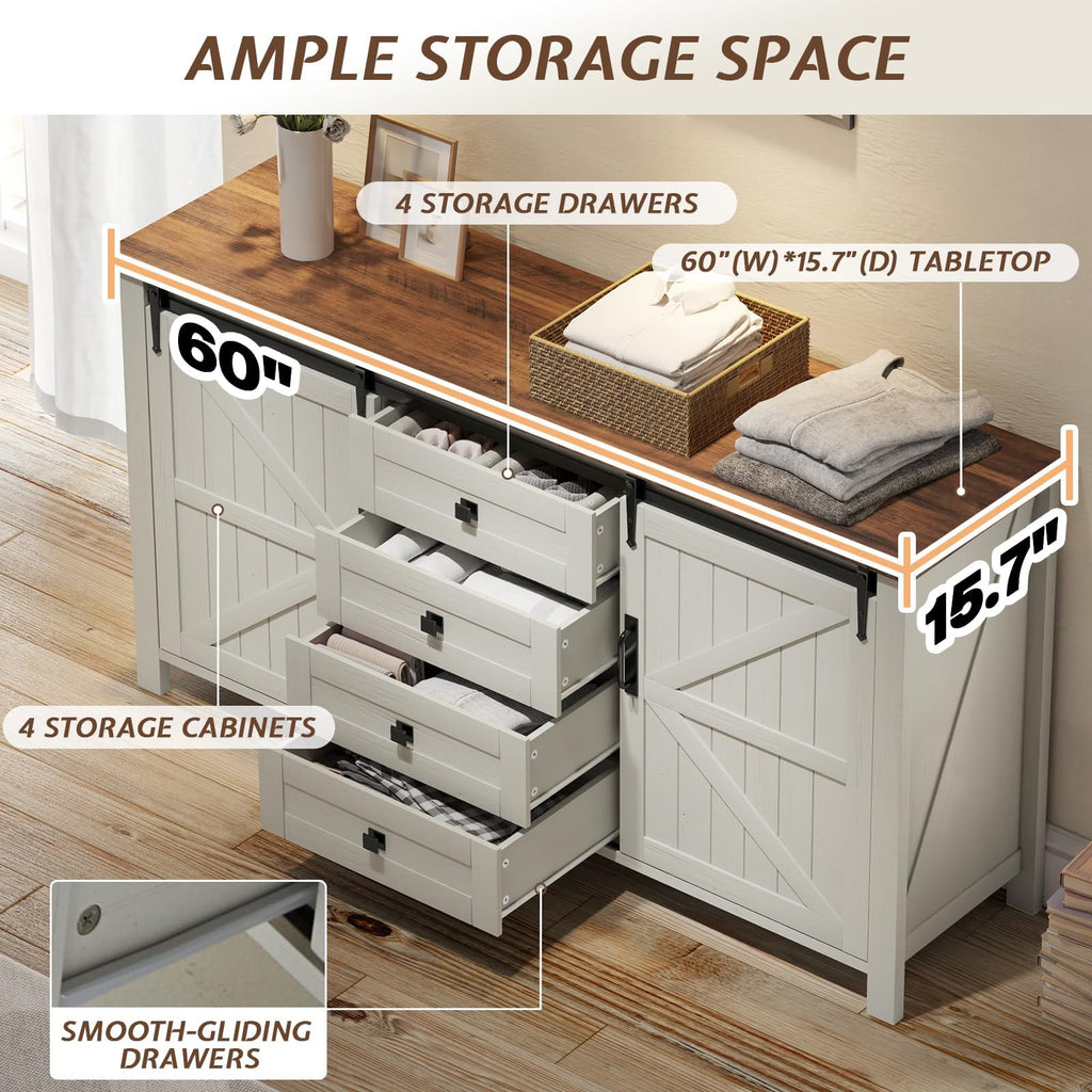 60" Farmhouse 4-Drawer with Barn Doors, Rustic White