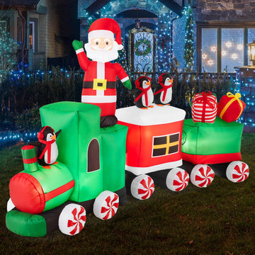8.5 x 5ft Lighted Inflatable Christmas Train & Animated Santa, Large Outdoor Holiday Decor w/LED Lights, Penguins