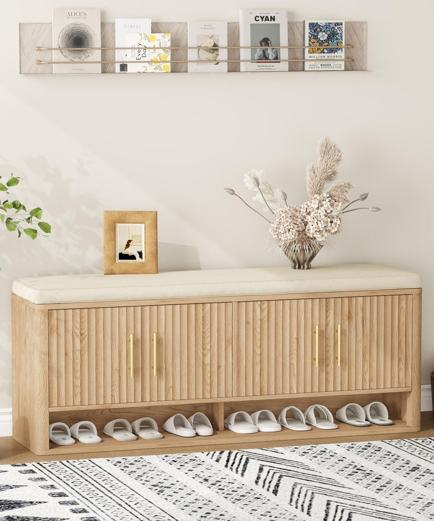 Fluted Shoe Storage Bench, Entryway Bench with Adjustable Shelves
