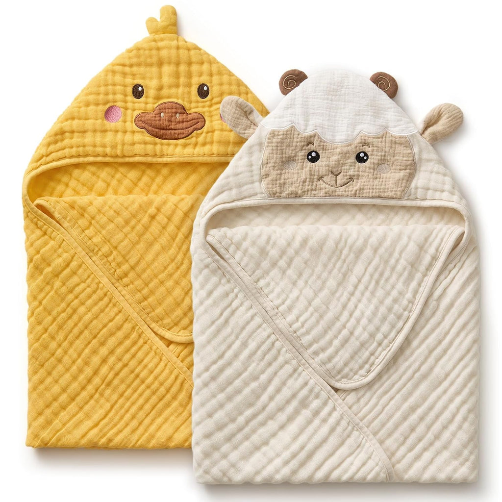 Muslin Baby Hooded Towel 2 Pack, Soft & Absorbent Bath Towel for Infant, Toddler, Unisex, Baby Gift, Newborn