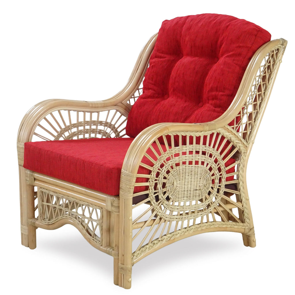 Malibu Lounge Living Accent Armchair Natural Rattan Wicker Handmade Design, Natural Color with Red Cushion