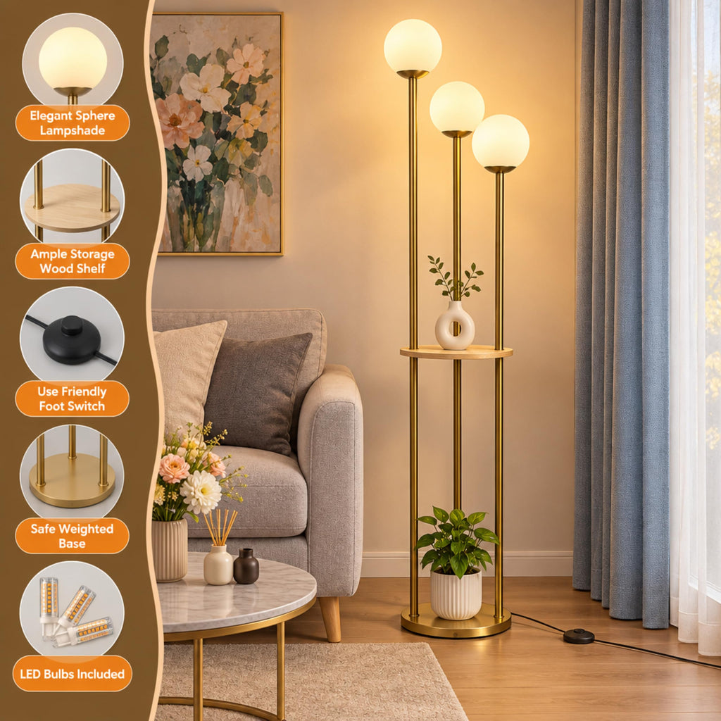 3 Globe Mid Century Modern Floor Lamp with Shelves