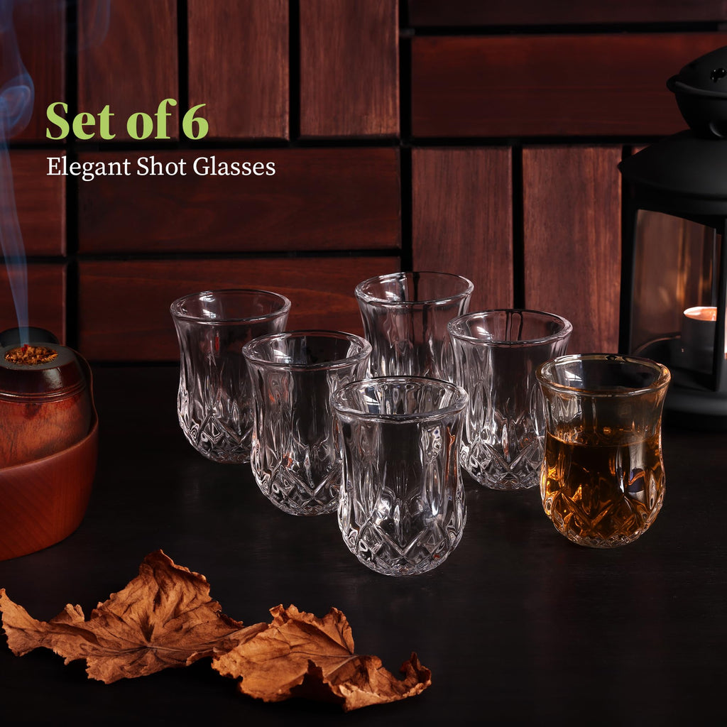 Shot Glass (Set of 6) - Elegant Diamond Patterned Shot Glasses 1.75 oz - Classic Whisky Vodka Tequila Sherry Brandy