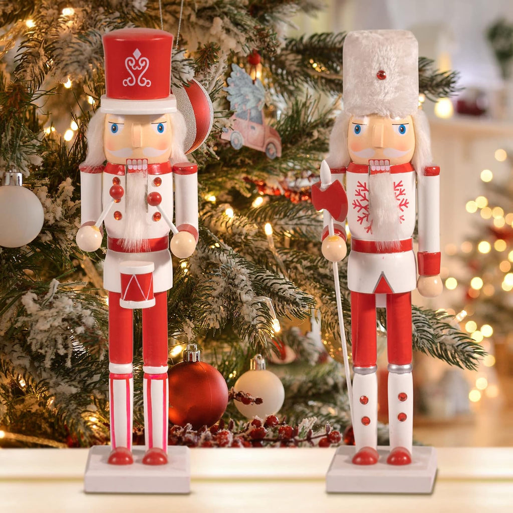 Red and White Christmas Nutcracker 15-Inch Set of 4 Wooden King and Soldier Nutcracker Figurine Display Set