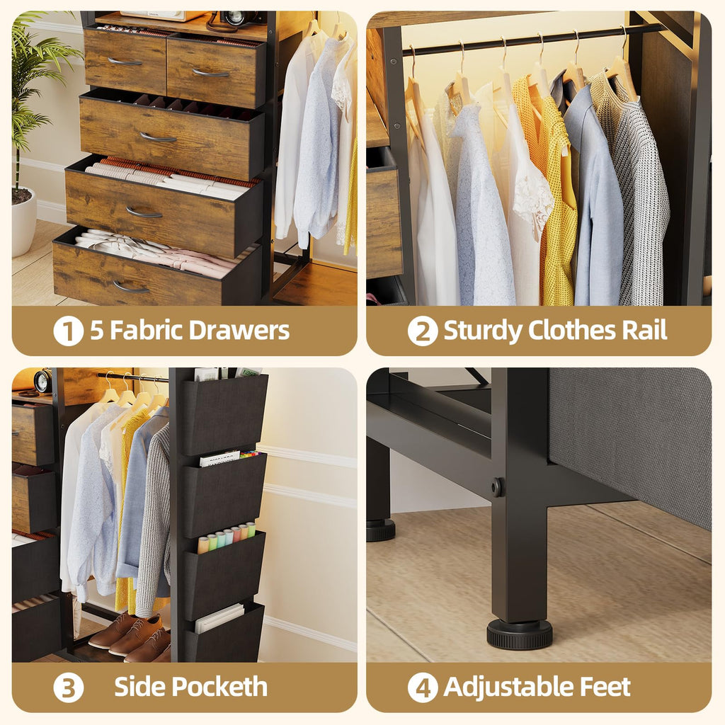 Dresser with Clothes Rack, 5 Drawer Chest with Charging Station & LED