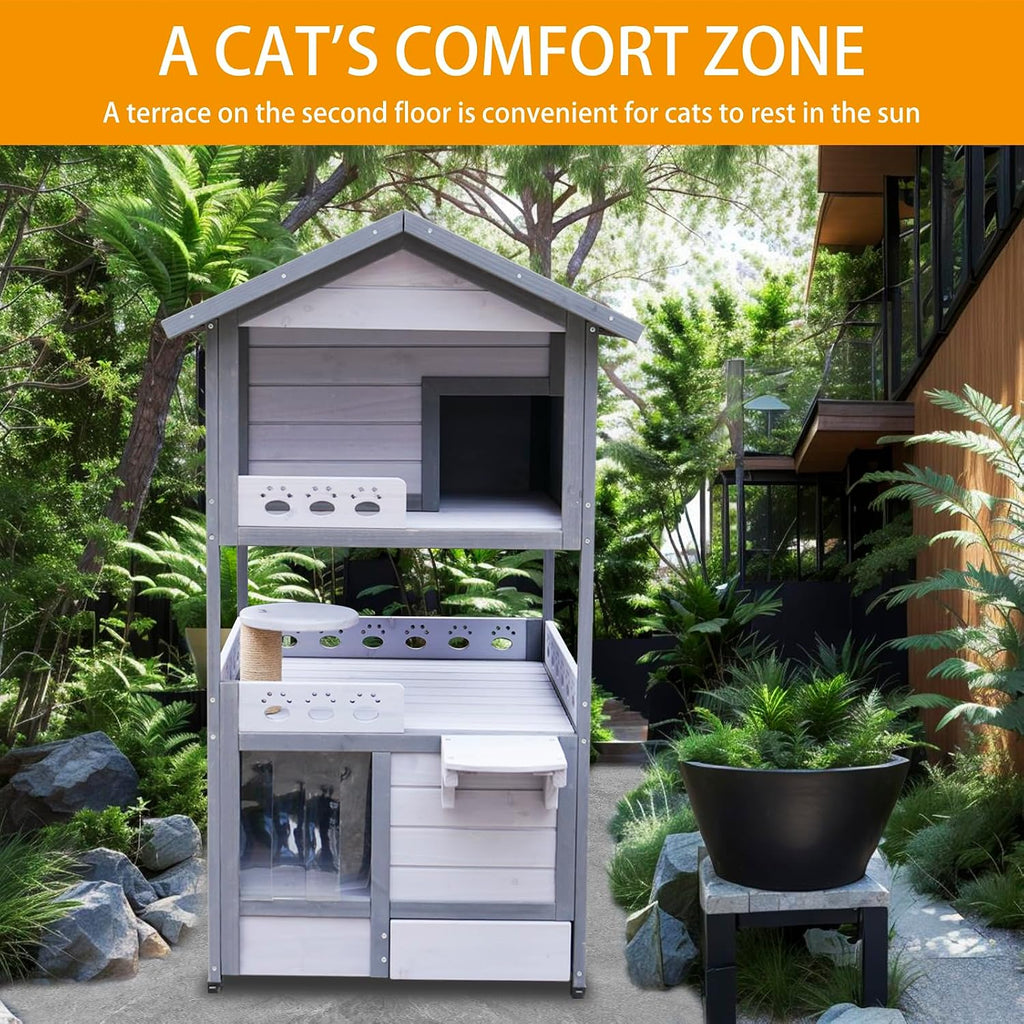 3-Story Wooden Cat House, Indoor/Outdoor Cat Condo with Waterproof Asphalt Roof, PVC Door Curtain, Jumping Platform &