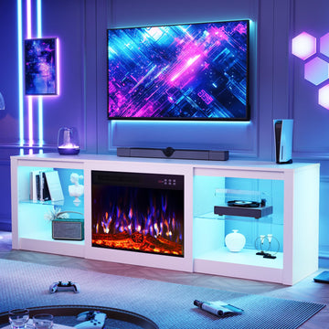 Fireplace TV Stand, 70 inch TV Stand with 23" Electric Fireplace, LED Light Entertainment Center, TV Console with