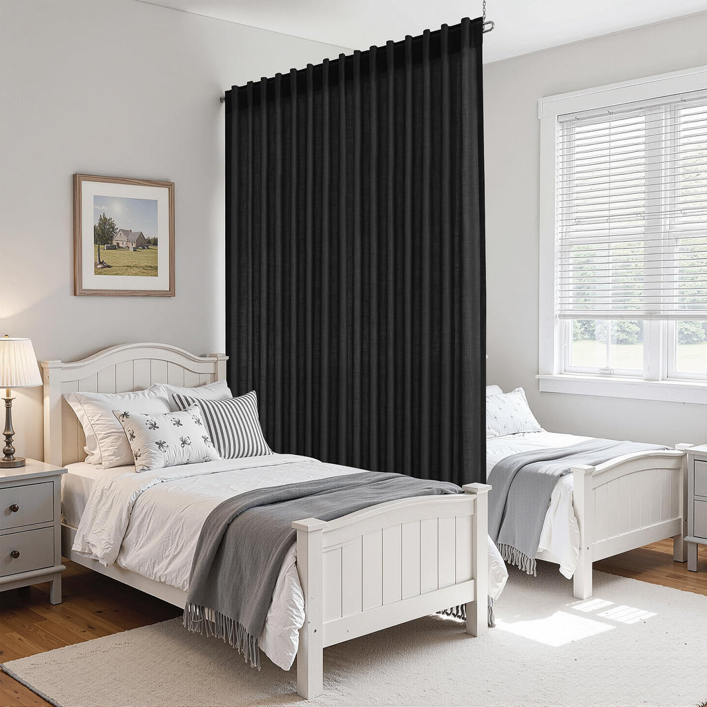 Extra Wide 100 Inch Linen Curtains Divider Light Filtering Semi Sheer Back Tab Patio Curtains for Sliding Door Black