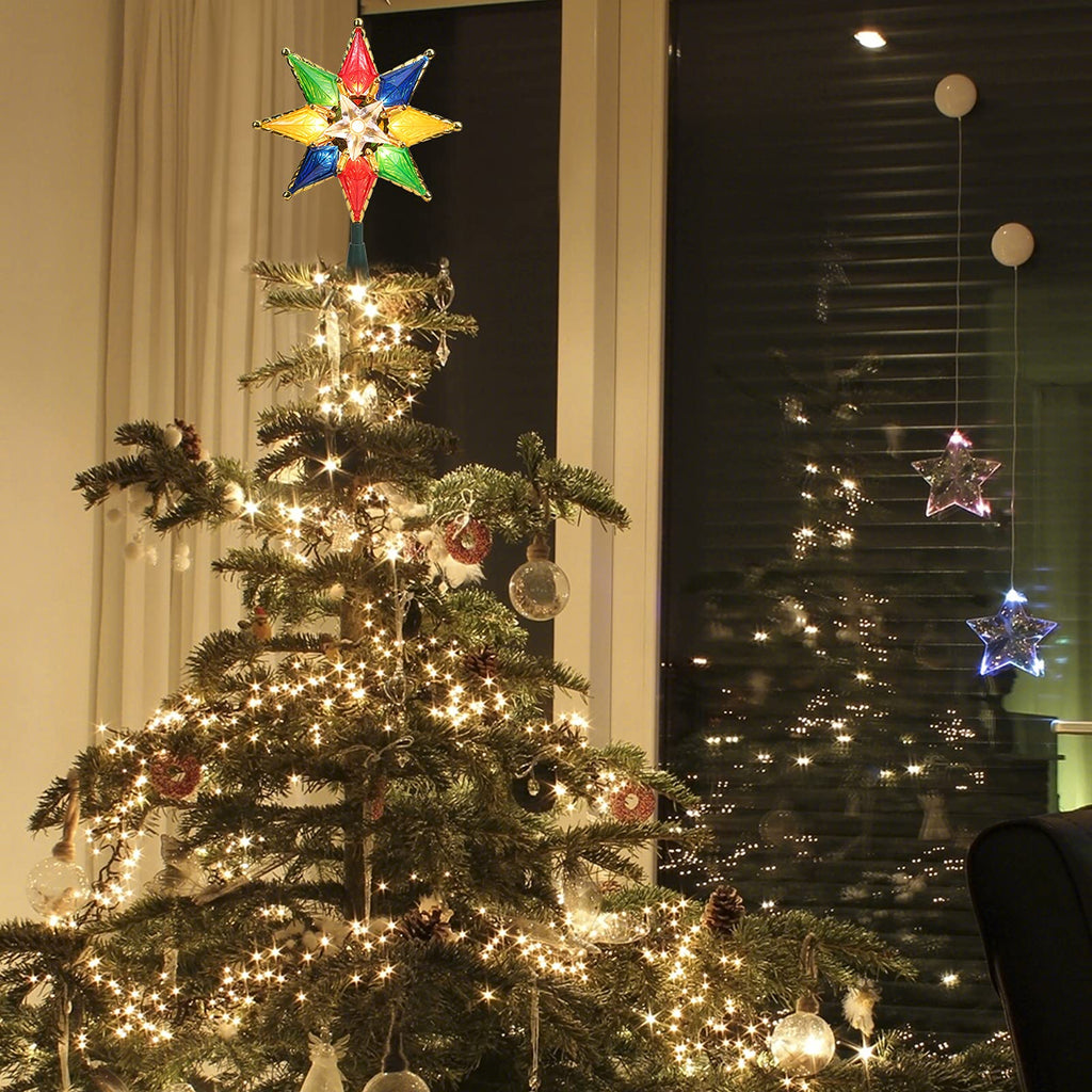 Christmas Star Tree Topper, 8" Lighted Double-Sided Christmas Tree Topper, 8-Point Multi Color Xmas Tree Topper with
