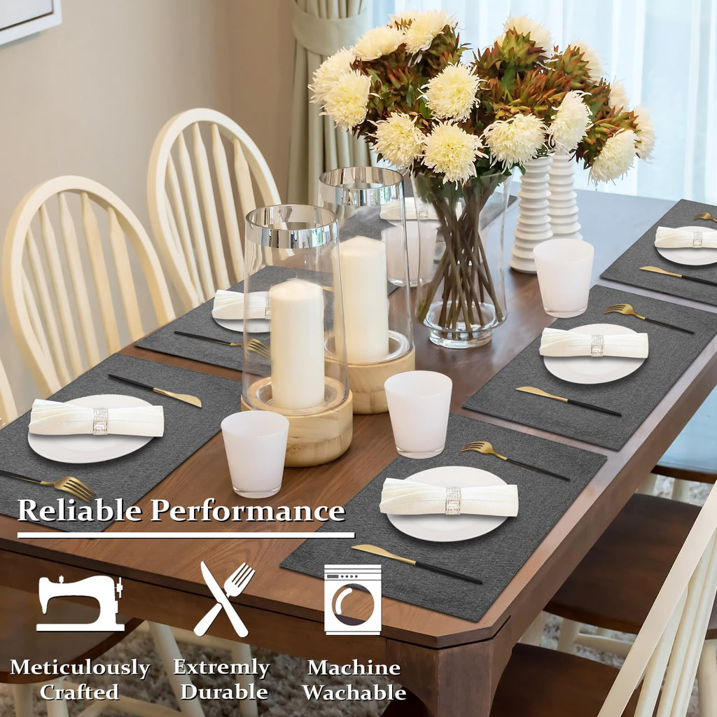 Cloth Placemats Set of 6, Cotton Linen Blend Place Mats, Charcoal Gray