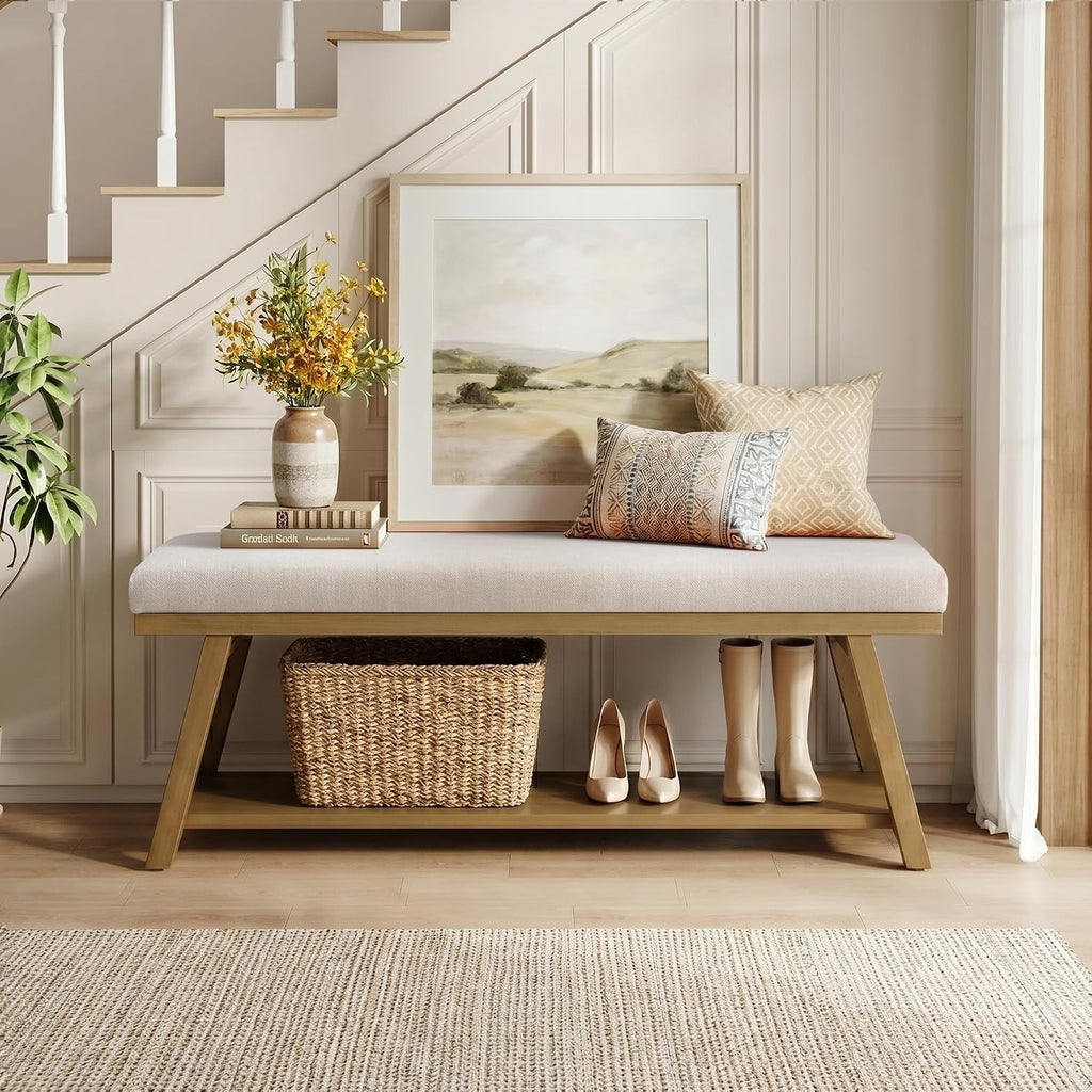 45" Entryway Bench Upholstered Storage Bench Shoe Rack Bench , Mudroom, Balcony, Sturdy Indoor Bench Seat Holds Up to
