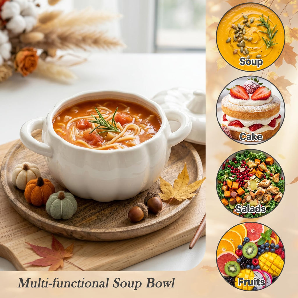 Pumpkin Soup Bowl, 64oz Ceramic Pumpkin Pot with Lid (White)