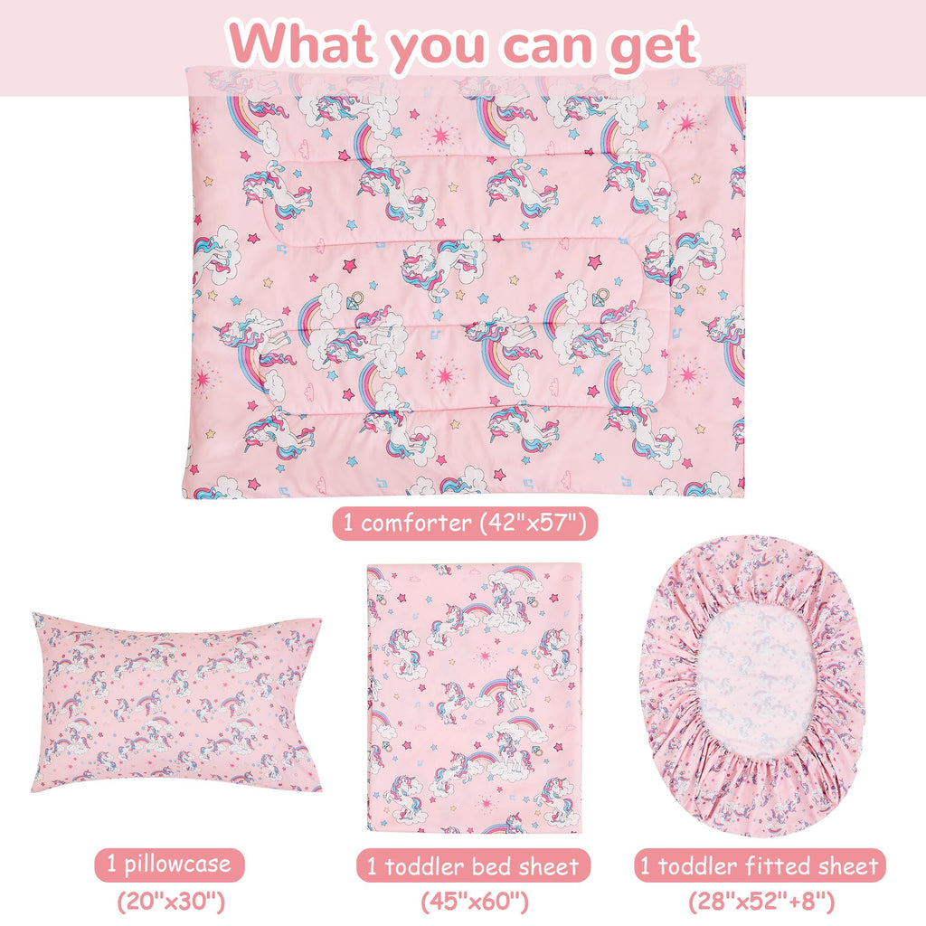 Pink Unicorn Toddler Bedding Set for Girls, 4 Piece Bed-in-a-Bag Toddler Comforter Sets, Super Soft and Comfortable