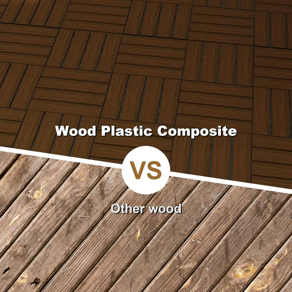 Interlocking Deck Tiles, 10 Pack Outdoor Patio Flooring, 12"x12" Wood Plastic Composite Waterproof Decking Tile, DIY