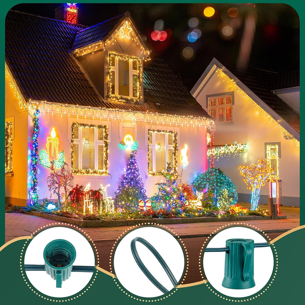 C9 Light Strand, 50FT Christmas Green Wire with 50 E17 Sockets