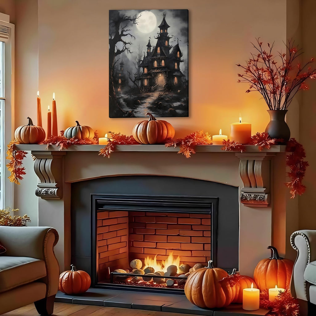 Vintage Dracula's Castle on Moonlit Night Canvas Art, Halloween Print, Horror Dark Academia Decor Pictures, Framed