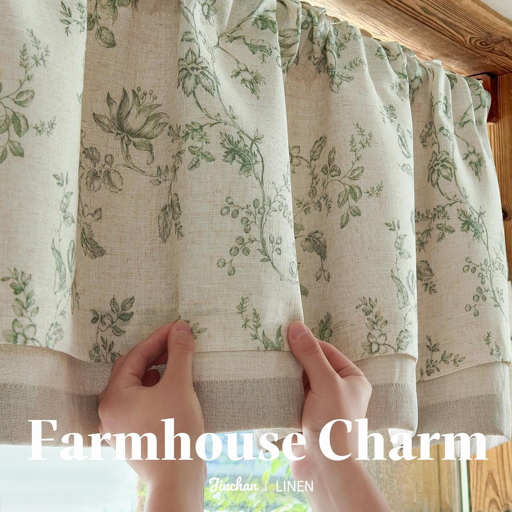 Amlie Floral Linen Valance Curtain Farmhouse Kitchen Valance for Living Room Laundry Light Filtering Double Layer