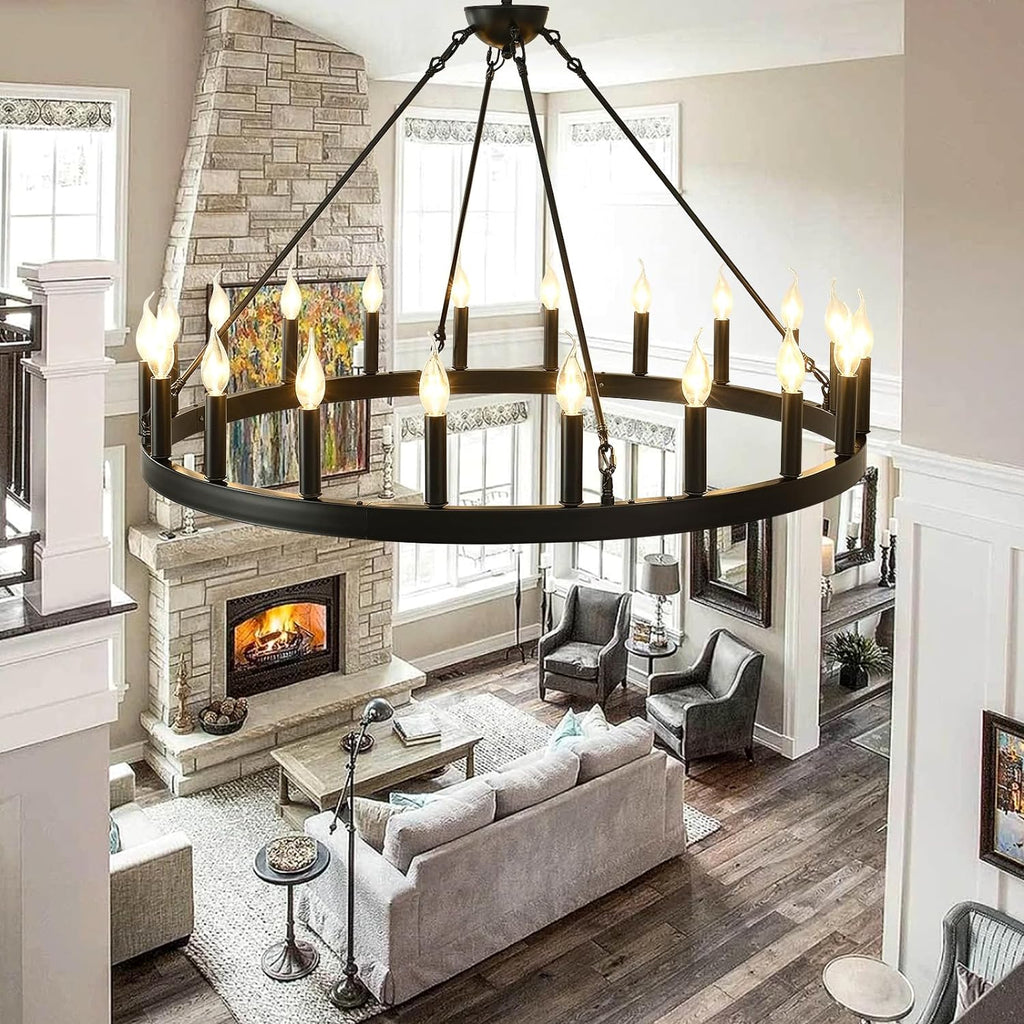 Inspired Camino Style Chandelier - Black Wagon Wheel Chandelier 40 inch,20-Light Farmhouse Wagon Wheel Chandeliers Round Industrial Ceiling Light fixtures for Outdoor Porch high Ceilings Living Dining Room Foyer Entryway A105-B0C5BVK35F
