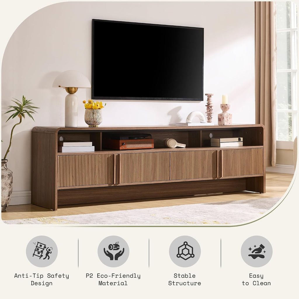 70" Fluted Wood TV Stand for TVs up to 80", Media Console Entertainment Center with Storage Cabinets for Living Room