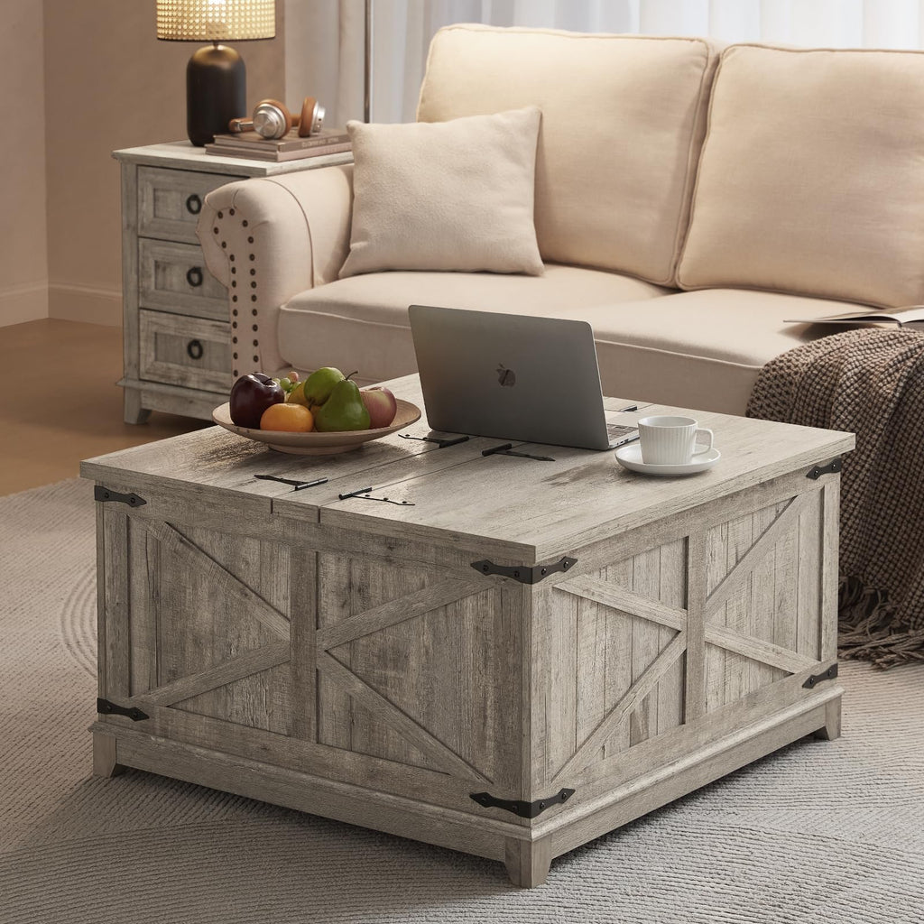 Farmhouse Coffee Table with Hidden Storage Organizer, Modern Square Large Center Table, Wood Farm House Low Rustic