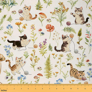 Cute Cats Fabric by The Yard Soft Polyester, Watercolor Flower Leaf Mushroom Fabric DIY Projects, Floral Animals