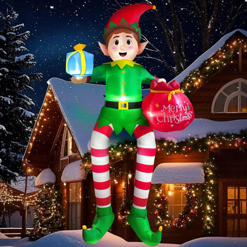 10FT Christmas Inflatable Outdoor Decoration, Sitting Elf Inflatable Christmas Blow up Yard Decorations with LED