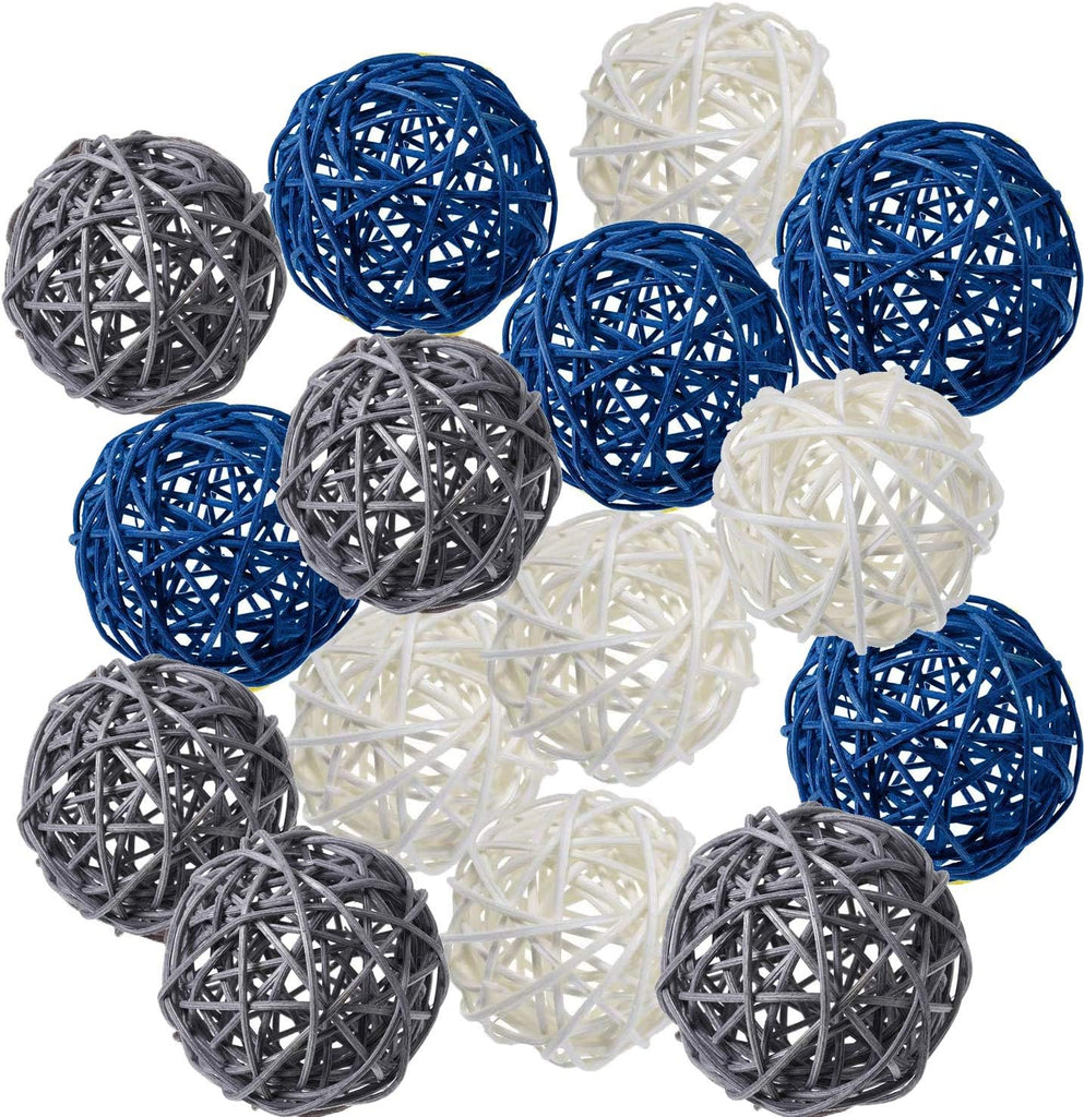 Mixed Blue Gray White Natural Decorative Wicker Rattan Balls- Vase Filler, House Ornament, Christmas Tree - Set of 15
