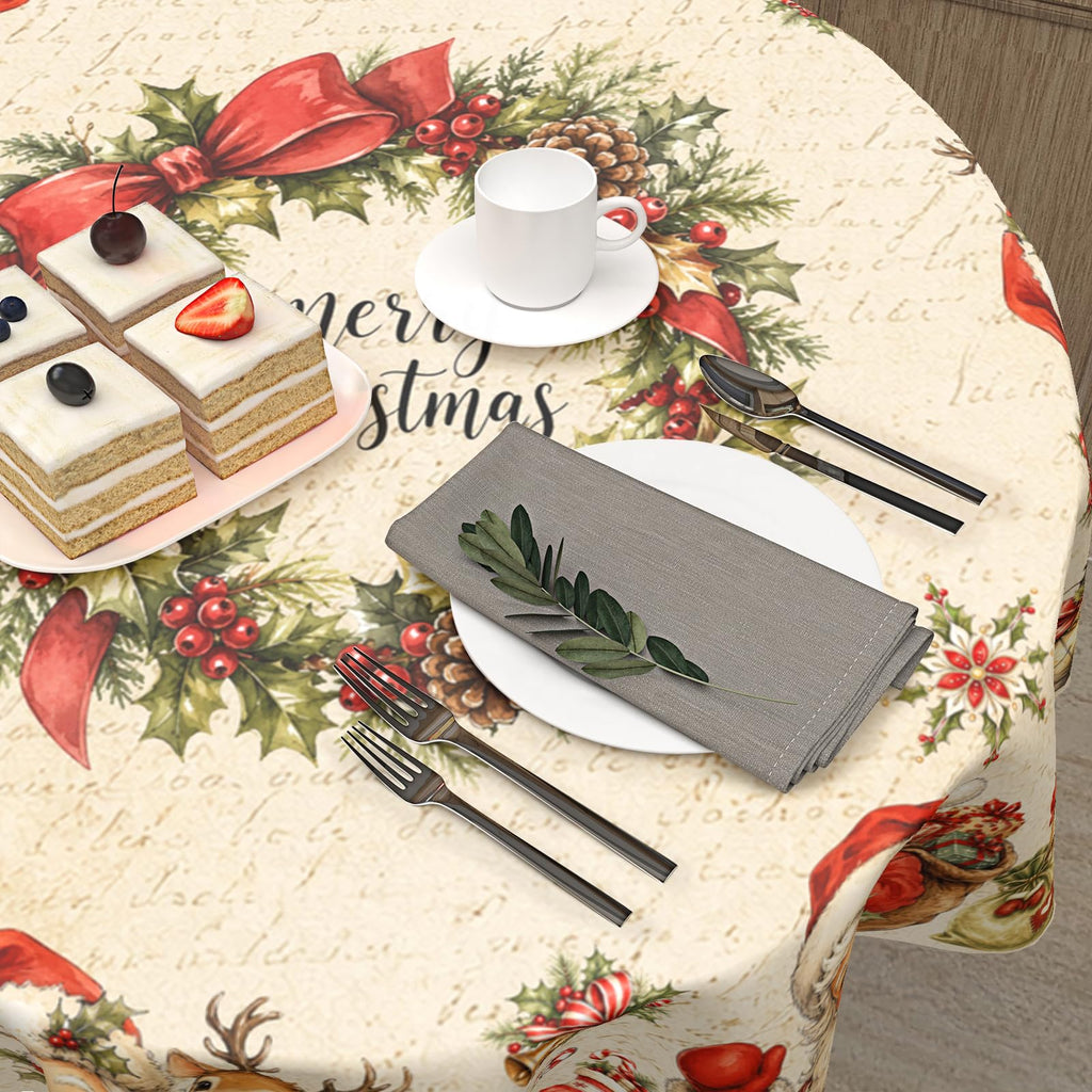 Merry Christmas Tablecloth Round 70 Inch Xmas Santa Reindeer Snowman Gingerbread Man Table Cloth Circle Washable